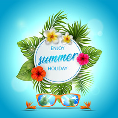 Summer sale banner with tropical flowers and leaves for promotion