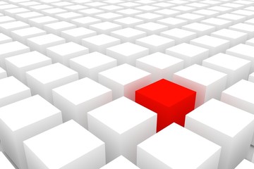 the concept of uniqueness, leadership. A red cube among a multitude of colorless. Minimalism