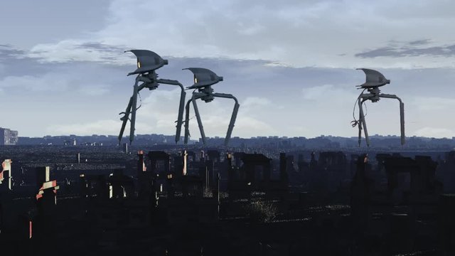 Vintage Alien Invasion: War Tripods on Patrol (Color)