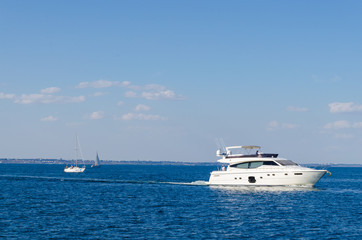 Fototapeta na wymiar Seascape with white yacht on the sea in Odesa