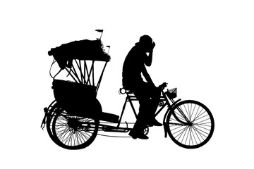 Fototapeta na wymiar silhouette old man ride Tricycle on white background