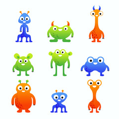 Funny cute colorful cartoon vector monster characters set for children isolated on white background.