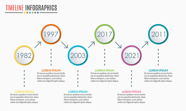Timeline infographics template with 6 circles and arrow. 6 steps, options, levels or processes. Business presentation concept. Workflow layout, diagram for web design. Vector illustration.