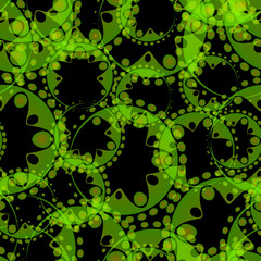 Vector abstract green seamless pattern of gears and flowers on a black background for tissue or paper.