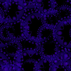 Vector abstract seamless pattern of blue tentacles and bubbles on a black background for tissue or paper.