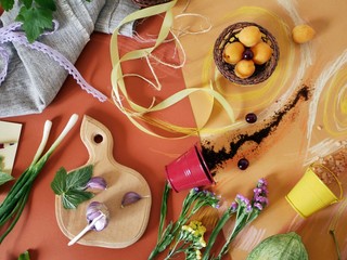 Decorative composition of vegetables, greens, spices, flowers and sea salt on orange paper, painted with pastel crayons, top view