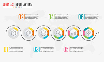 Circle infographics concept with 6 steps. Template for diagram, graph and pie chart. Timeline design with 6 levels, options, circles. Business presentation concept. Vector illustration.