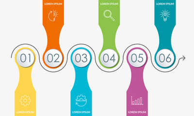 6 steps infographic design template with arrow. 6 options, levels or processes. Timeline infographics and business presentation concept. Workflow layout, diagram for web design. Vector illustration.
