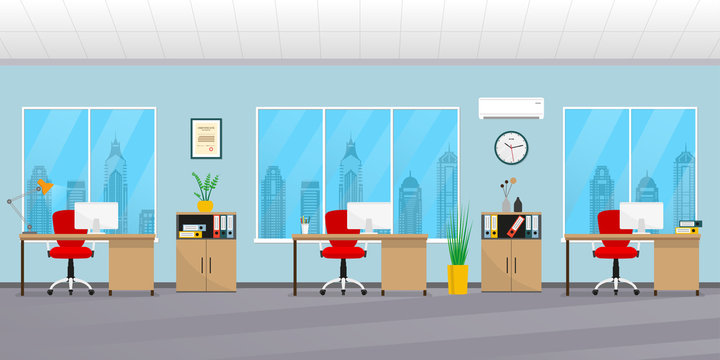 Office interior. Modern business background. Workspace with office chair, desk, computer, bookcase, clock on the wall and window. Vector illustration.