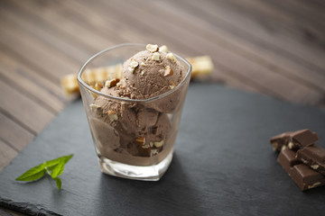 Ice cream with chocolate, nuts and chocolate chips