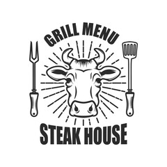 Steakhouse. Emblem template with cow head and kitchen tools.