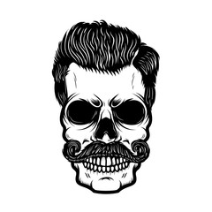Hipster skull with hairstyle. Design element for poster, print, emblem, sign, banner, label.