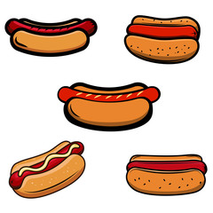 Set of hot dog illustrations on white background. Design element for logo, label, emblem, sign, badge.