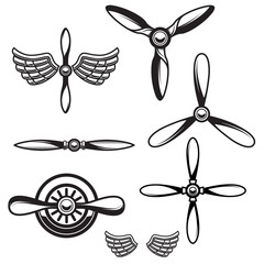 Set of airplane propellers. Design element for logo, emblem, sign. © liubov