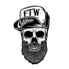 Hipster skull in baseball cap with lettering california, forever two wheels. Design element for logo, label, emblem, sign.