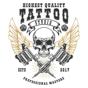 Tattoo studio poster template. Winged skull with crossed tattoo machines. Design element for logo, label, emblem, sign, poster.