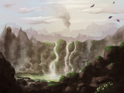 Digital Painting of a mountainscape with rocks and waterfall