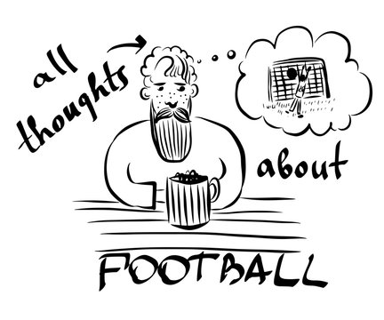 picture of a bearded mustachioed man with a beer mug sits in a bar and remembers a football match, sketch, hand-drawn vector illustration