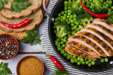 Fried chicken breast with green vegetables