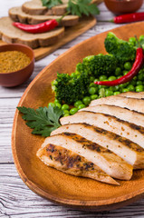Fried chicken breast with green vegetables
