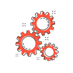 Cartoon gear icon in comic style. Gearwheel illustration pictogram. Cogwheel splash business concept.