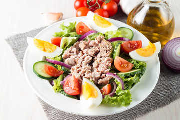 Fresh fish tuna salad made of tomato, ruccola, tuna, eggs, arugula, crackers and spices. Caesar salad in a white bowl on wooden background