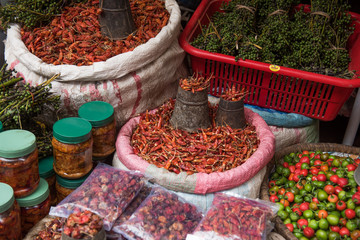 Display of chillies and pickles, Ason Tol market, Kathmandu, Nepal