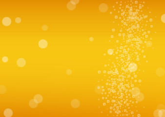 Beer background with realistic bubbles.  Cool beverage for restaurant menu design, banners and flyers.  Yellow horizontal beer background with white foam. Cold glass of ale for brewery design.