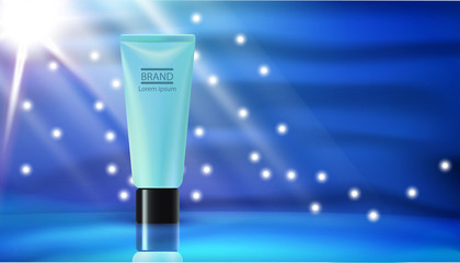 Realistic blue cream tube 3d cosmetic ad poster. Beaut woman product makeup background concept.Glossy banner promotion brand design. Mockup luxury advertisement template. Premium clean skincare vector