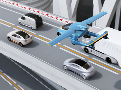 Futuristic flying car flying over the highway. Fast transportation without traffic jam concept. 3D rendering image.