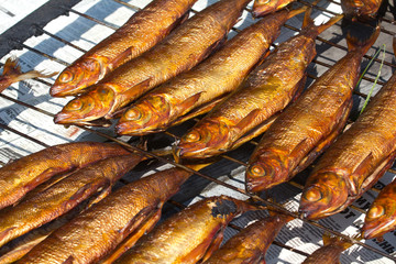Hot smoked fish omul from Baikal, delicacy in Russia