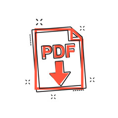 Cartoon PDF icon in comic style. PDF document illustration pictogram. File sign splash business concept.