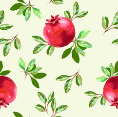 Vector seamless pattern with pomegranate fruits and seeds on white background. Design for cosmetics, spa, pomegranate juice, health care products, perfume. Best for textile or wrapping paper
