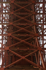 Structure detail the Fort Point arch of the Golden Gate Bridge. The Golden Gate Bridge is a famous suspension bridge connecting the American city of San Francisco, California to Marin County.