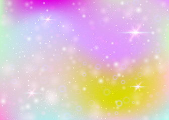 Magic background with rainbow mesh. Girlish universe banner in princess colors. Fantasy gradient backdrop with hologram. Holographic magic background with fairy sparkles, stars and blurs.