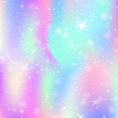 Unicorn background with rainbow mesh. Multicolor universe banner in princess colors. Fantasy gradient backdrop with hologram.  Holographic unicorn background with magic sparkles, stars and blurs.