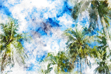 palm coconut trees on the blue sky watercolor image effect