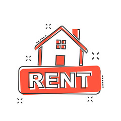 Cartoon rent house icon in comic style. Home illustration pictogram. Rental sign splash business concept.