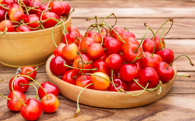 Wooden bowls with cherries on the table.