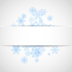 Christmas snow on white background. Blue frame for winter banners, gift coupon, voucher, ads, party event. Paper banner with frosty Christmas snow. Square falling snowflakes for holiday