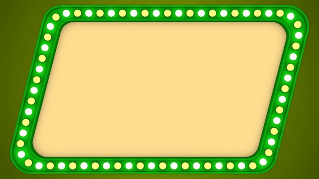 Flashing light bulbs green vintage frame border screen sign quadrangular casino background loop