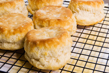 Baked Buttermilk Biscuits on a Kitchen Cooling Rack