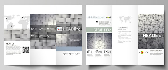Fototapeta na wymiar Tri-fold brochure business templates on both sides. Easy editable abstract vector layout in flat design. Pattern made from squares, gray background in geometrical style. Simple texture.