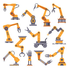 Robotic arms set. Manufacturing automation technology. Industrial robot arm machine. Factory assembly robots flat design vector set