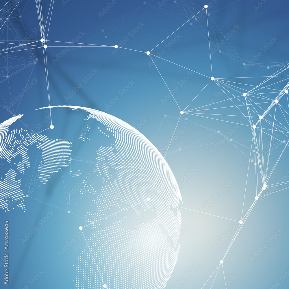 Poster world globe on blue background with connecting lines and dots, polygonal linear texture. global netw