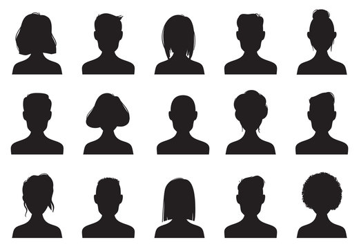 Profile icons silhouettes. Anonymous people face silhouette, woman and man head avatar icon. Chat male or female images vector set