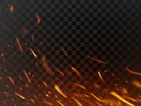 Close-up hot fiery sparkles and flame particles isolated. Inferno fire sparks and flaming flakes dark vector background