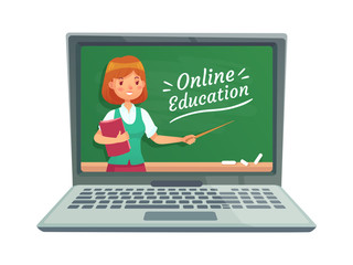 Online education with personal teacher. Professor teach computer technology. School blackboard isolated on laptop vector illustration