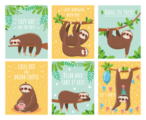 Greeting card with lazy sloth. Cartoon cute sloths cards with motivation and congratulation text. Slumber animals illustration set - obrazy, fototapety, plakaty