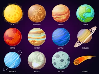 Fotobehang Cartoon planeten van het zonnestelsel. Astronomische observatorium planeet, meteoor en ster. Astronomie vector iconen set © Tartila